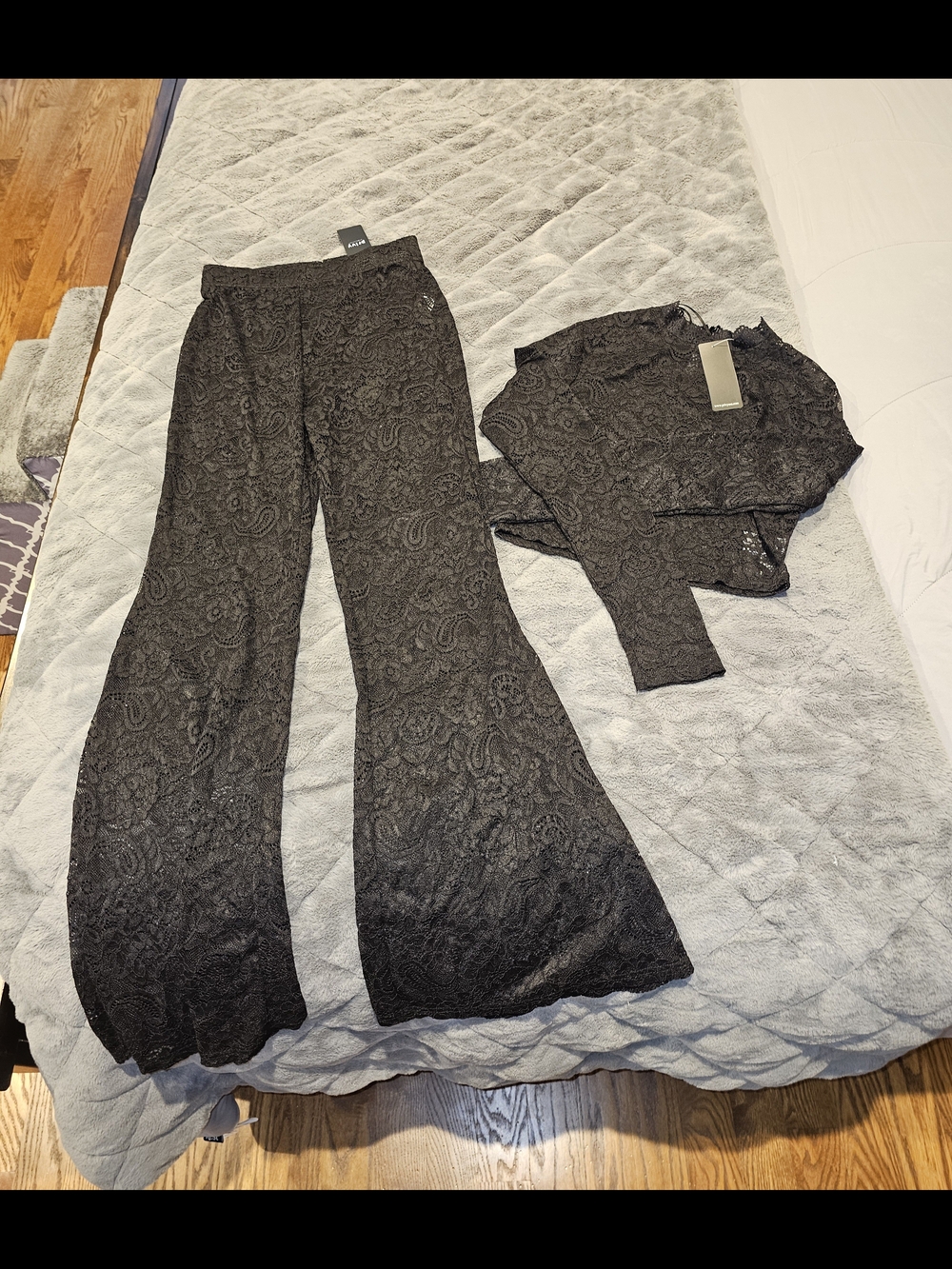 NWT privy Black Lace Wide-Leg Pants with Matching Lace Crop Top